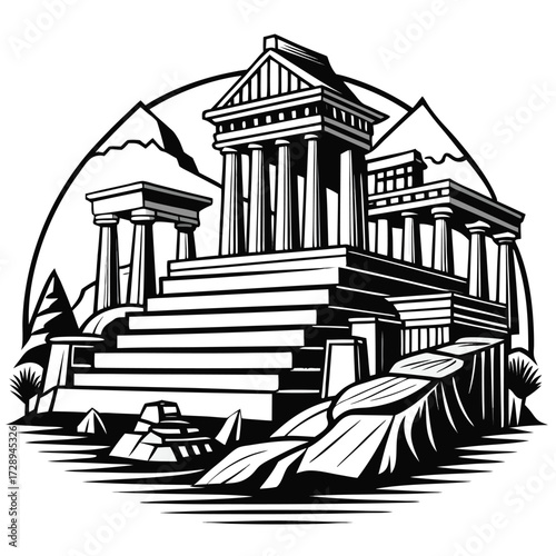 Monochromatic line art illustration of ancient ruins and architectural structures