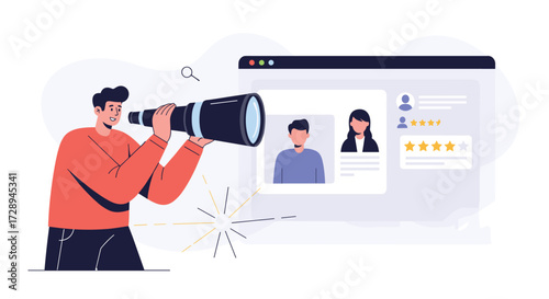 Hiring manager using a telescope to review online applicant profiles on a computer screen.