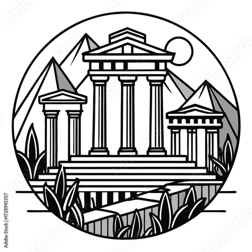 Detailed black and white line art illustration of ancient ruins with intricate architectural elements