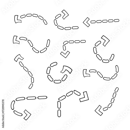 Set of Curved and Straight Dashed Arrows Vector Illustration. A collection of dashed arrows in various curved, circular and straight directions.