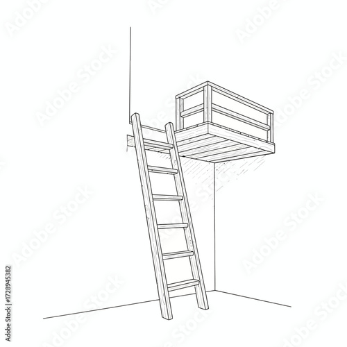 Hand-drawn illustration of a loft ladder leading to a suspended platform in a corner