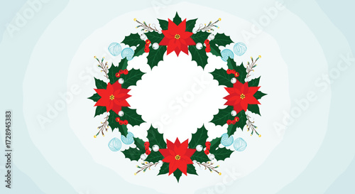 A festive and beautiful circular arrangement of poinsettias and holly leaves adorning a winter scene.
