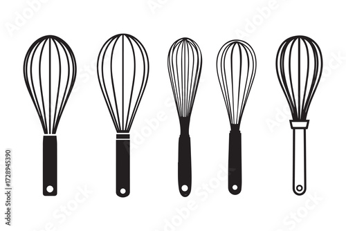 Collection of five hand drawn whisk silhouettes with black handles on a white background