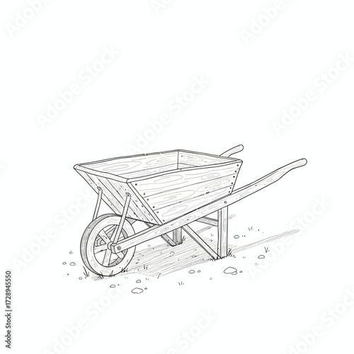 Simple pencil sketch of a traditional wooden wheelbarrow, a classic gardening tool isolated on a white background