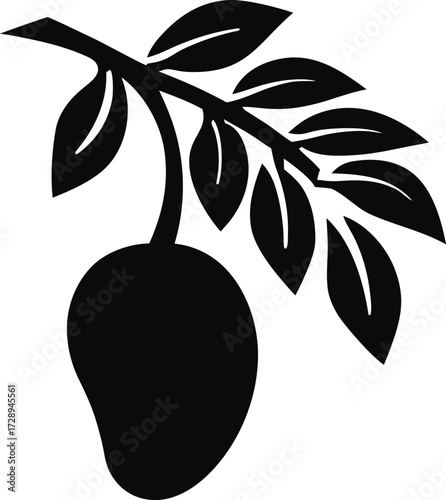 Black silhouette of a mango on a branch with leaves