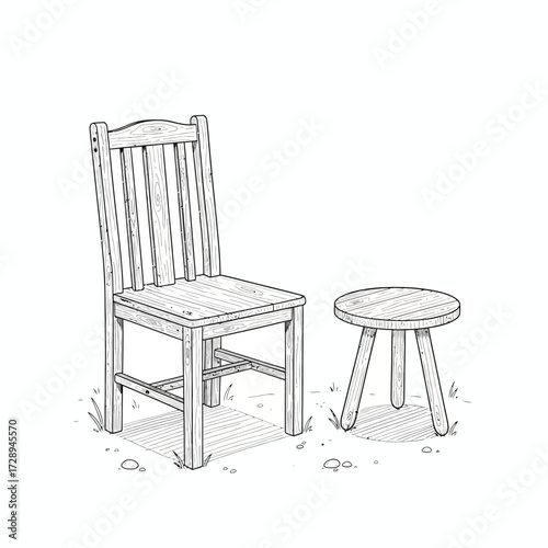 Detailed line art illustration featuring a traditional wooden backrest chair and a compact three-legged stool, rendered with a vintage, handcrafted aesthetic, perfect for design concepts