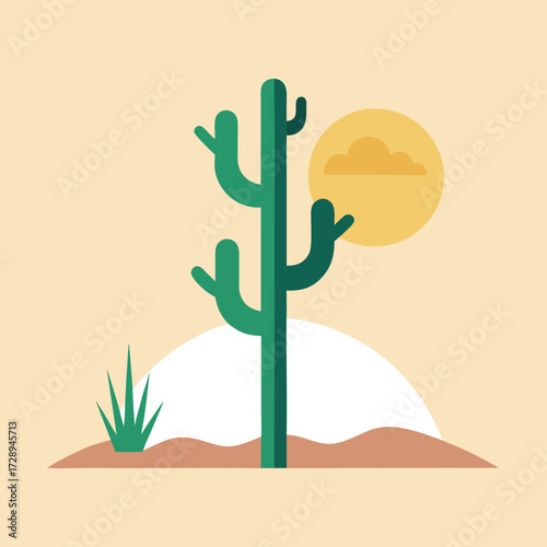 Minimalist desert landscape featuring a solitary cactus and a distant tree silhouette rendered in a clean vector style