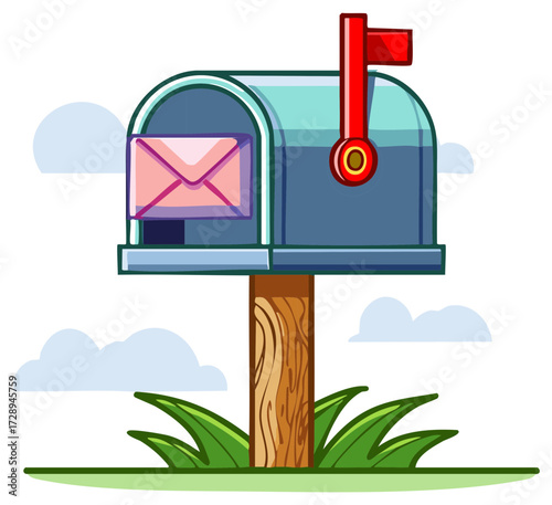 Cartoon Mailbox with a Letter and the Flag Raised