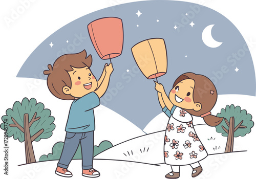 Children releasing sky lanterns at night girl