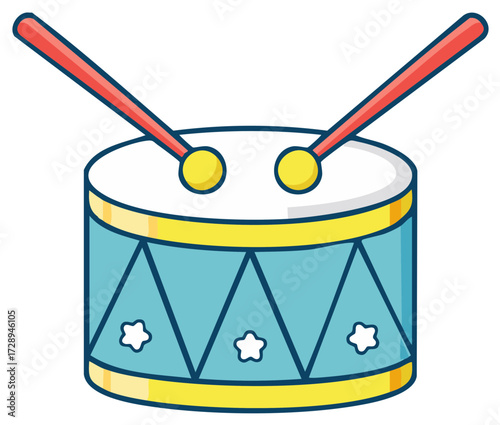 Cartoon blue drum with yellow bands and red drumsticks with yellow tips