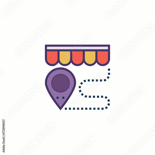 A colorful flat design icon showing a store awning with a location pin, representing shop address or store locator.