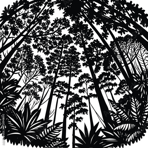 Detailed black and white line art illustration of a dense rainforest canopy with intricate foliage and organic shapes