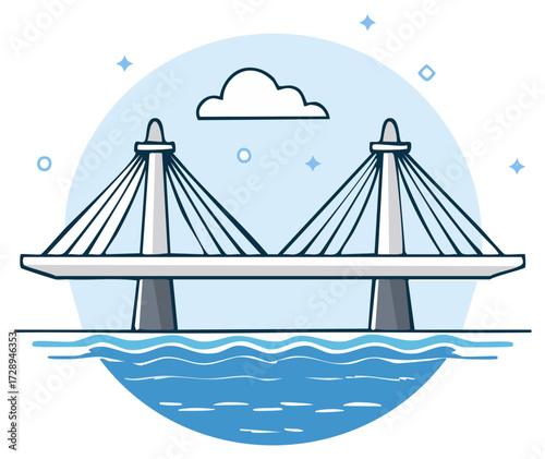 Cartoon illustration of a cable-stayed bridge spanning blue water under a sky