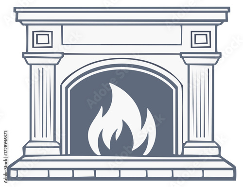 Fireplace Illustration with Flames and Columns Elegant Stone Fireplace