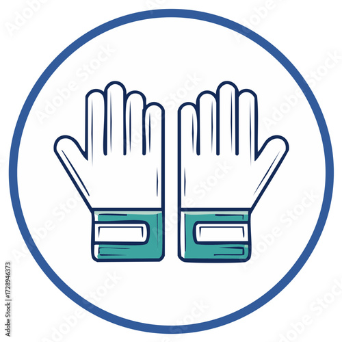 Two stylized protective gloves with teal wristbands shown inside a blue circle icon