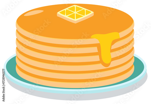 Stack of golden pancakes with melted butter and syrup dripping on a plate