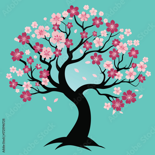 Elegant stylized cherry blossom tree silhouette with delicate branches and blooming flowers