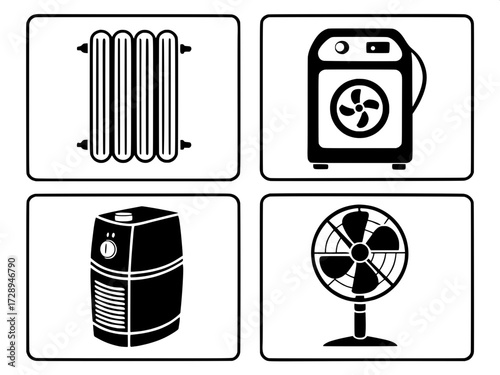 Home Climate Control Illustration
Four simplified icons for HVAC and appliances, placed in a square grid: radiator, AC, water heater, and standing fan. Black solid vector graphics, clean design, white