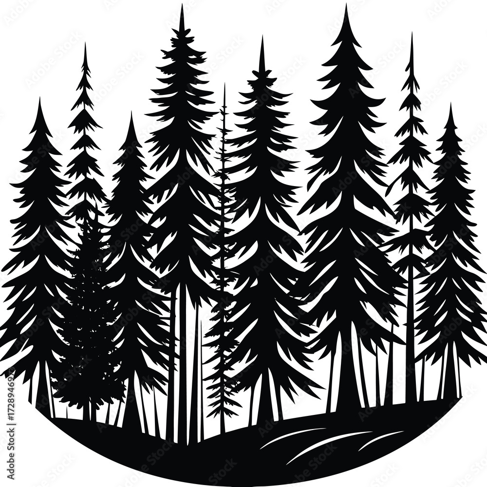 Obraz premium Abstract black and white illustration of a pine forest with geometric shapes and stylized trees