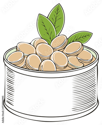 Canned lima beans with green leaves, illustrated vector food close-up, ingredient