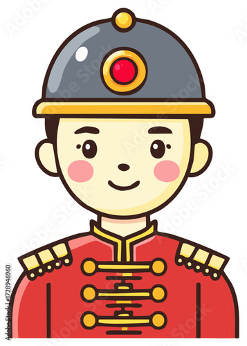 Stylized cartoon illustration of a person in traditional Chinese imperial guard uniform with helmet