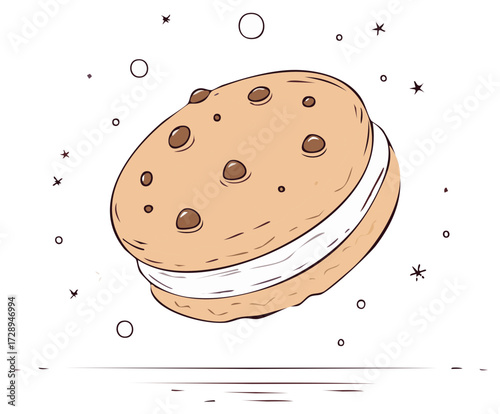 Cartoon illustration of a sandwich cookie with chocolate chips and cream filling with whimsical stars
