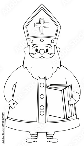 Cartoon Sinterklaas Line Art Holding Book Traditional Dutch Celebration Illustration Coloring Page Vector