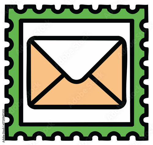 Illustration of a stamp with an envelope inside, communication or postal service theme