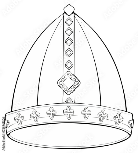 Black and White Outlined Mitre Hat Illustration with Crosses and Diamond Embellishments