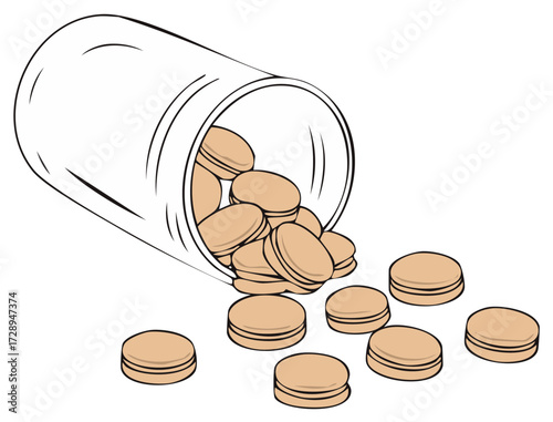 Open Medicine Bottle with Spilled Pills, Scattered Pills Illustration, vector style
