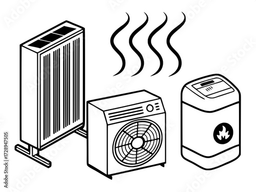 Utility Appliance Set
Flat vector icons arranged symmetrically: radiator (with rising heat), wall-mounted AC (cooling air flow), water heater (with flame), and oscillating fan. Monochrome, clear-cut o