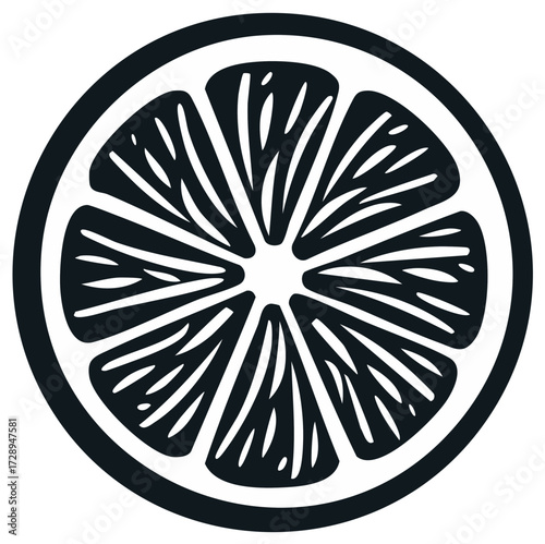Stylized Black and White Fruit Slice with Outline, Minimalist Citrus Icon