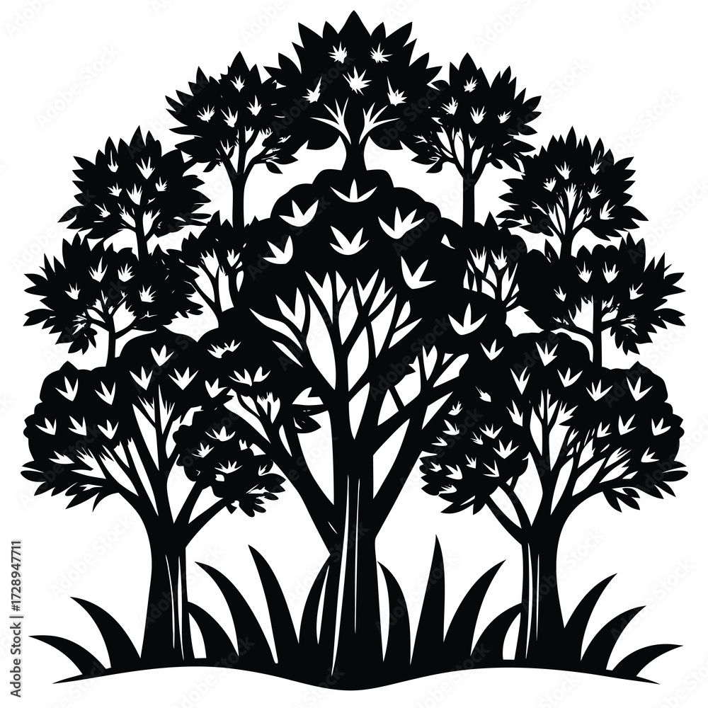 Obraz premium Diverse cluster of black and white trees in a stylized silhouette design