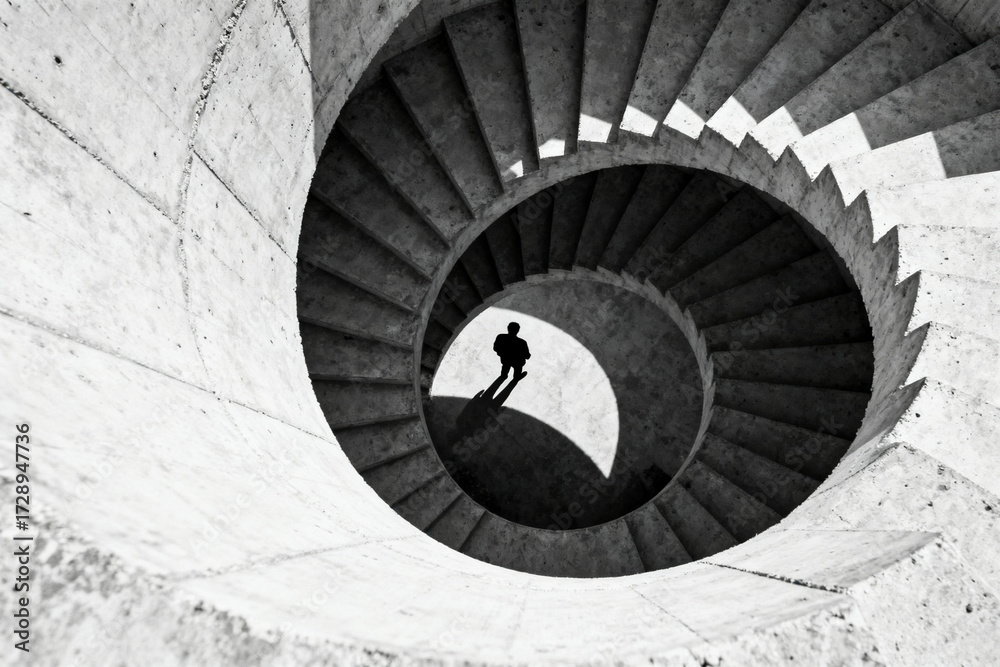 Fototapeta premium Silhouette of a person ascending a spiral staircase in black and white