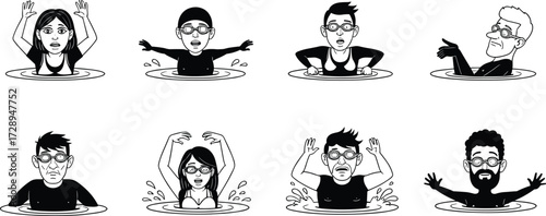 Swimming cartoon illustration, funny swimmers in water, comic sports artwork, expressive faces, humorous pool moments, black white drawing, energetic aquatic design