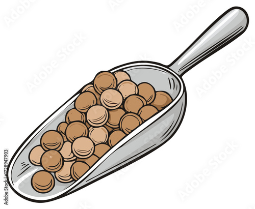 Metal scoop filled with round brown candies, treats, sweets - confectionery