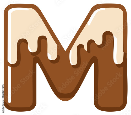 Sweet chocolate letter M alphabet with dripping white icing glaze