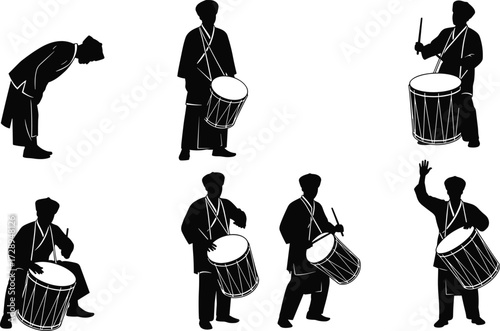 Traditional drummer silhouette, cultural music performance, folk percussion art, festival drumming, ethnic musician, rhythm dance, heritage celebration, drum player, cultural illustration, art