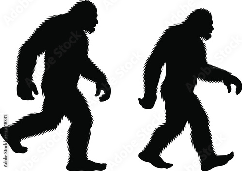 Bigfoot silhouette walking, sasquatch illustration, mythical creature vector, wild animal shadow, cryptid artwork, cad drawing flat vector illustration