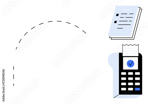 Payment terminal producing a receipt, stack of completed checklists beside. Ideal for payment processing, transactions, invoicing, bookkeeping, retail, productivity tools, simple flat metaphor