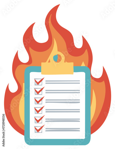 Completed Checklist on Fire Hot Issues and Urgent To-Do List with Burnout Task Concept