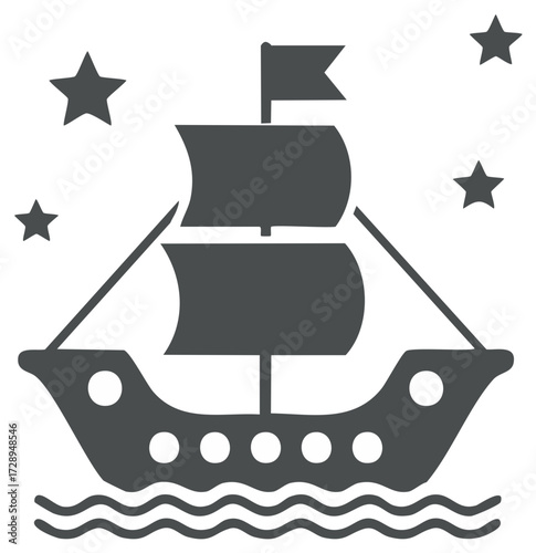 Stylized sailboat with sails, flag, stars and waves icon