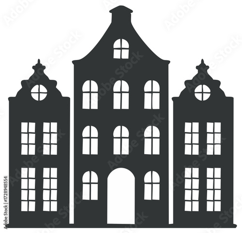 European architecture vector illustration set. Old houses silhouettes with windows and rooftops.