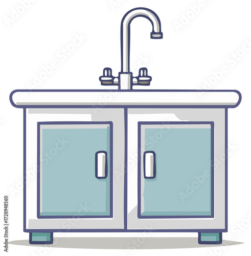 Simple cartoon illustration of a white bathroom vanity sink with two doors and a faucet