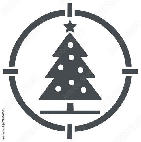 Festive Christmas tree with star and ornaments inside target crosshairs icon illustration