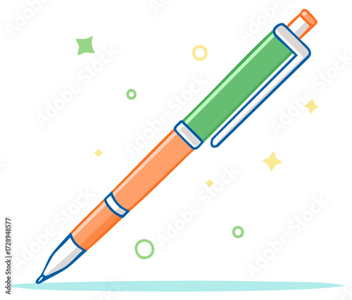 Orange and green ballpoint pen with colorful abstract shapes and sparkles
