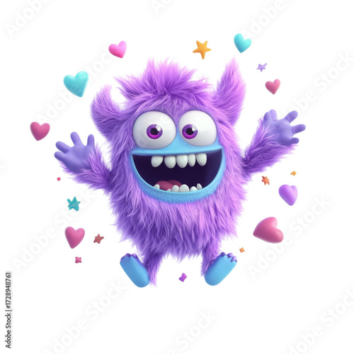 Cheerful furry purple monster with hearts and stars on black background