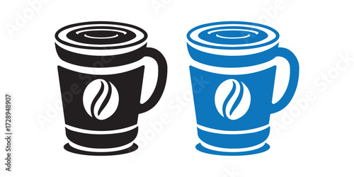 Coffee Mug Vector art of two coffee cups, one black and one blue, with a coffee bean symbol on each