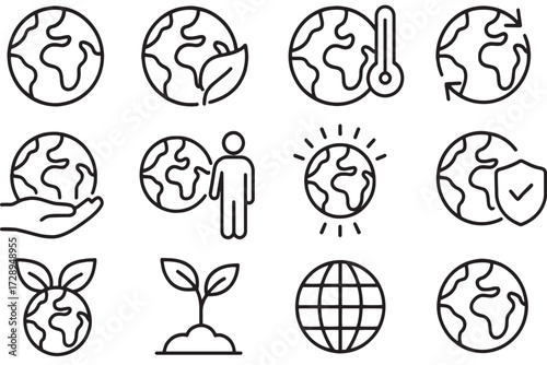 Earth and Environment Protection Icon Set – Sustainability, Ecology, Global Warming, Climate Change