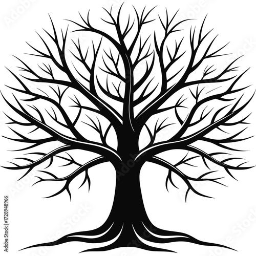Stylized black and white winter tree silhouette with bare branches perfect for seasonal design elements